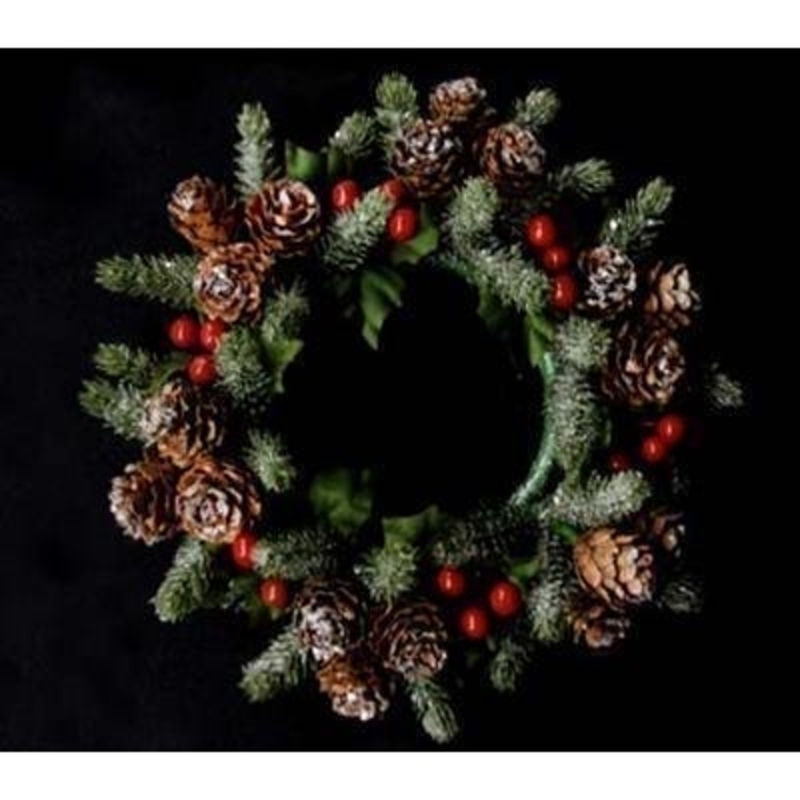 A wonderful addition to your dinner table this Christmas. Decorated red berries and pine cones and dusted with a frosting this traditional candle ring is timeless in style. Approx size 4x17x17cm